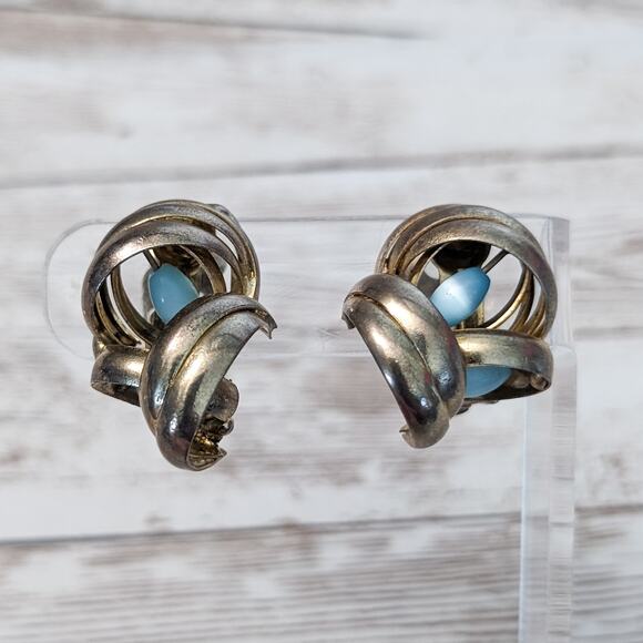 Vintage Clip On Earrings Statement Unusual Design Light Blue Accents - Picture 1 of 10